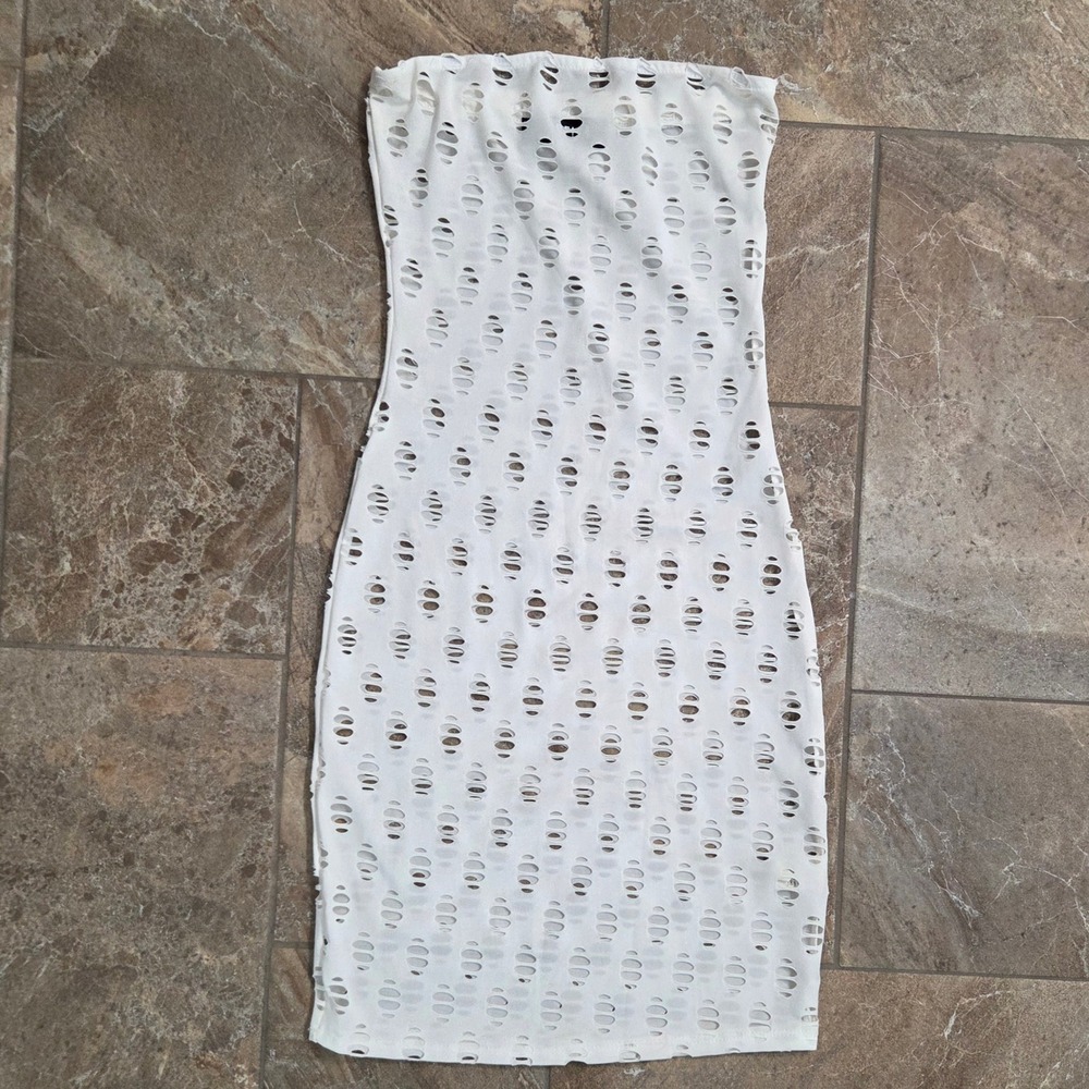 Sorella‎ Boutique White Distressed Tube Dress Slit Bodycon Mini AD-11175 Small